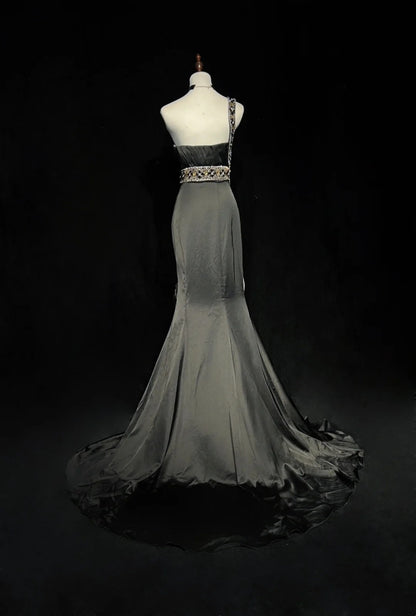 Vintage Mermaid One Shoulder Black Tie Dress Evening Long Prom Dresses Formal Outfits RB3936