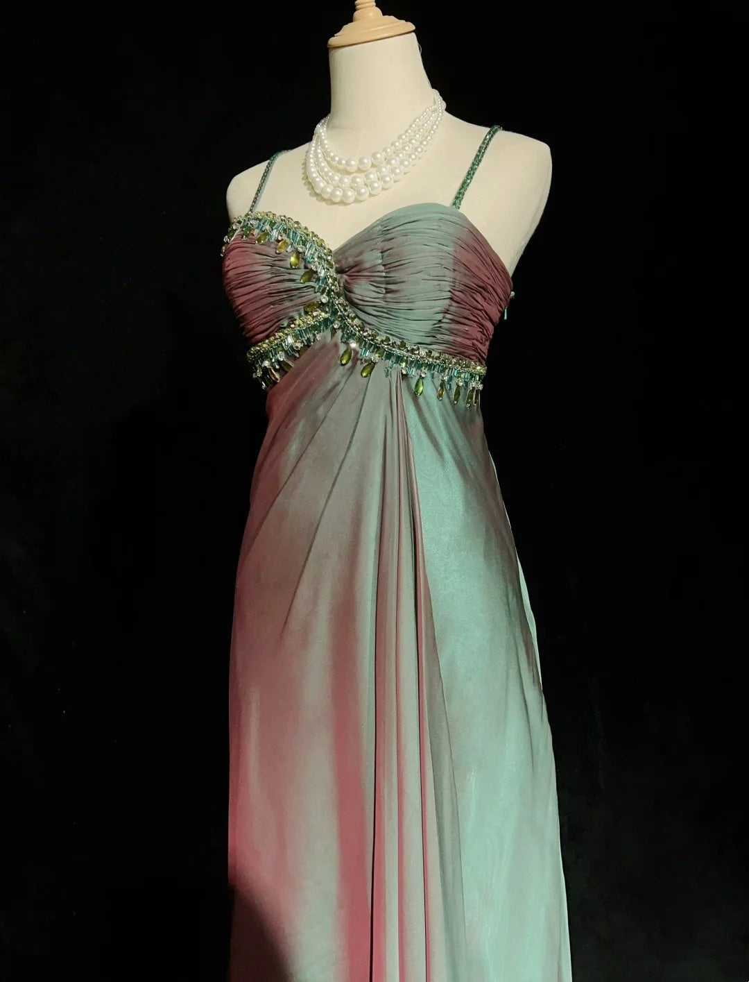 Vintage Ballkleid Ästhetik Kleider A-Linie Spaghettiträger Grün Chiffon Langes Abendkleid N3017