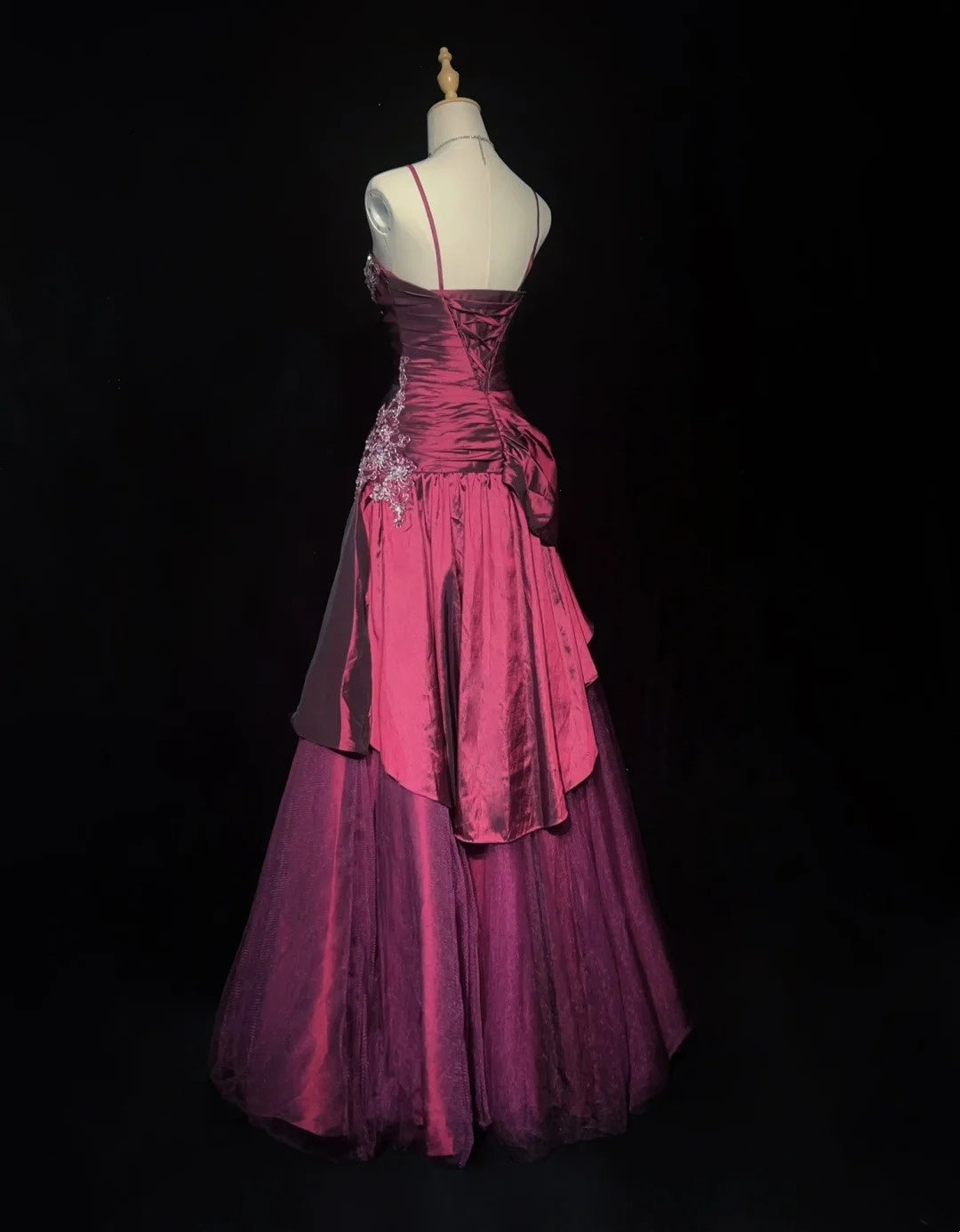 Vintage Abschlussballkleider Ballkleid Spaghettiträger Fuchsia Ärmellos Taft 90er Langes Abendkleid N2878