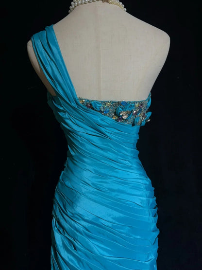Vintage Ballkleider Meerjungfrau One-Shoulder Retro-Stil Blaues Taft Mit Perlenbesatz 90er Langes Abendkleid N2905