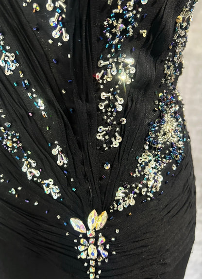 Bescheidene Abschlussballkleider Meerjungfrau Neckholder Schwarze Krawatte Chiffon mit Perlen Abendkleid N3858
