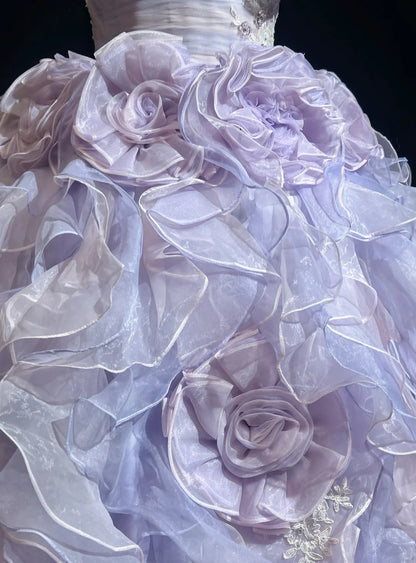 Modest Prom Dresses Ball Gown Strapless Lilac Organza With Layers Tiered Long Quince Dress N3128