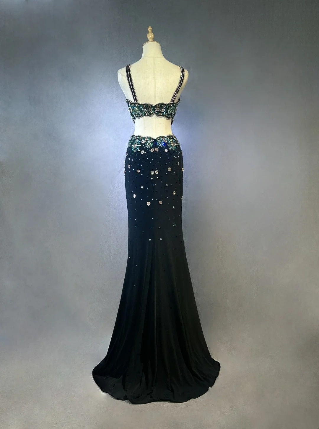 Robes de Bal Vintage Sirène Col Rond Noir Fendu Avec Perles Années 1970 Robe de Soirée Longue N2611