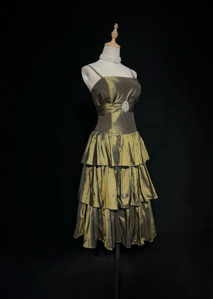 Vintage A-Linien Spaghettiträger Olivenbraunes Knielanges Partykleid Cocktailkleid Homecoming Kleider N3901