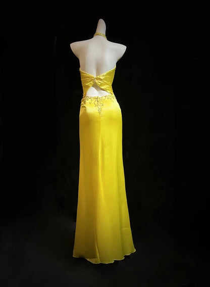 Vintage Prom Dresses Mermaid Halter Yellow With Lace Beading 80s Evening Formal Dress RB3312