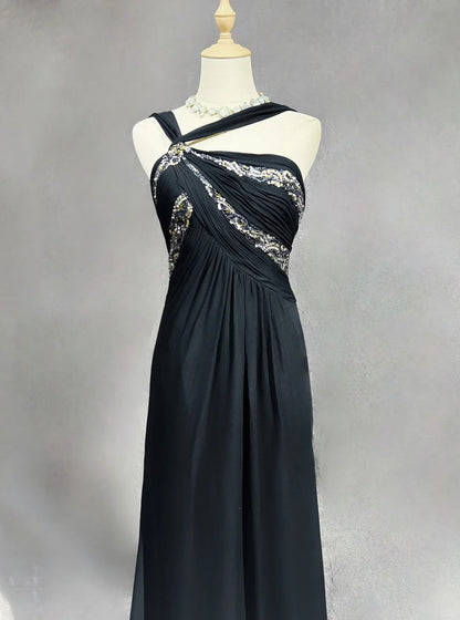 Bescheidene Ballkleider A-Linie Neckholder Schwarz Chiffon Rückenfrei Bodenlang Formelle Abendgarderobe N3484