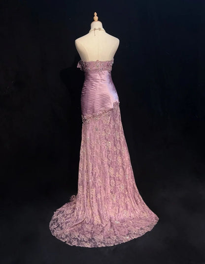 Elegante Abschlussballkleider Meerjungfrau Sweetheart Flieder Tüll Spitze mit Perlen langes Abendkleid N2909