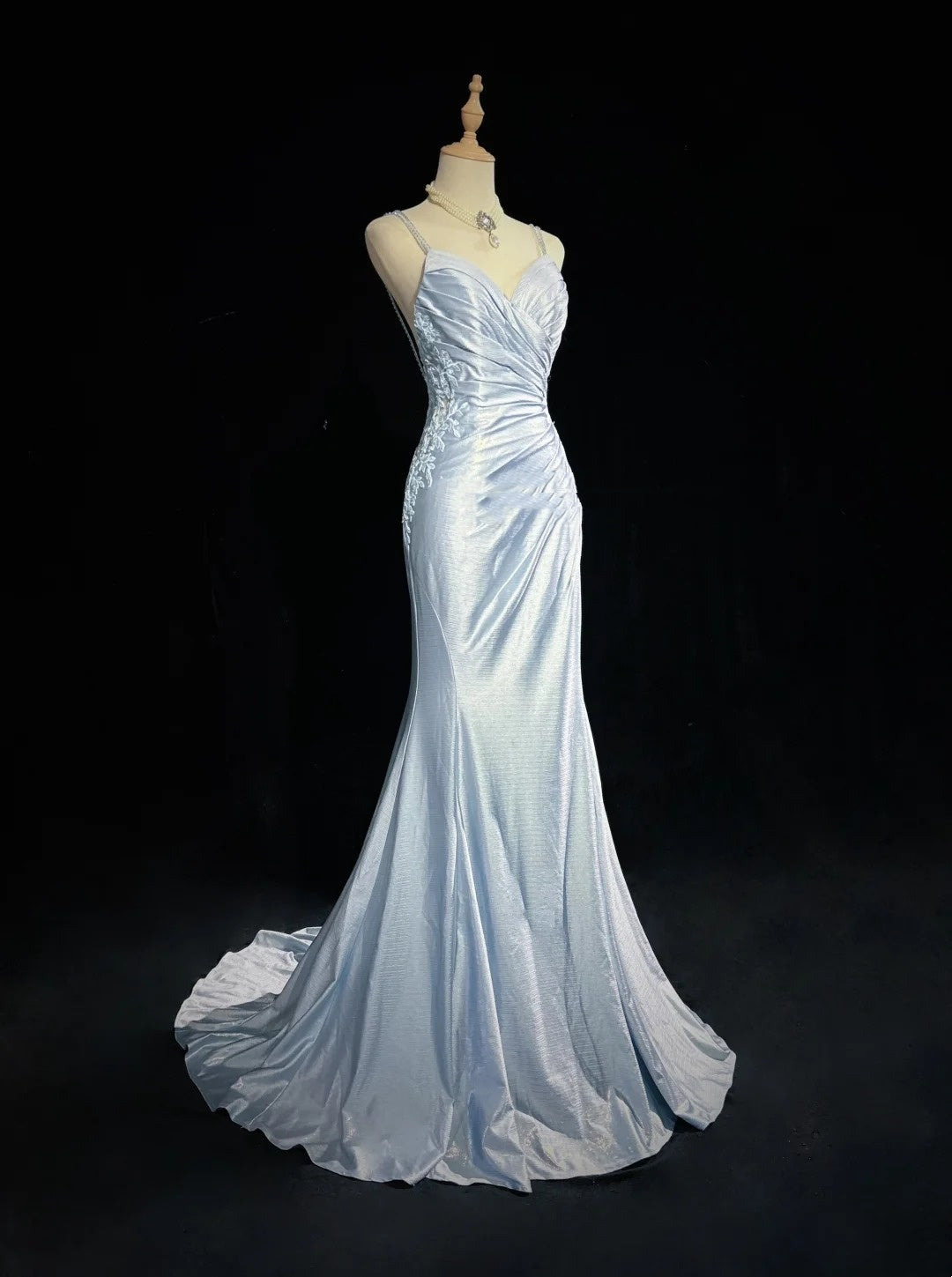 Modest Prom Dresses Mermaid Spaghetti Strap Light Sky Blue With Applique Formal Outfits N3690