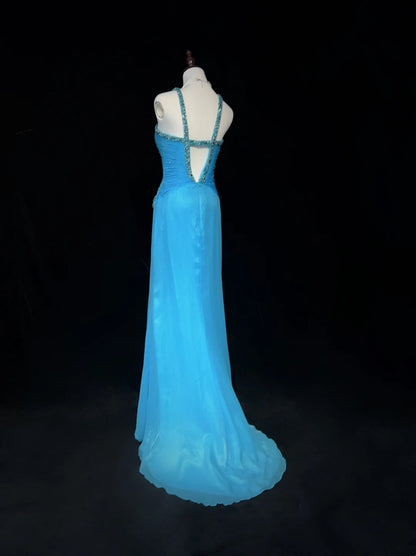 Robes de bal vintage trapèze sans manches en mousseline bleue avec perles et cape Tenues de soirée formelles N3853