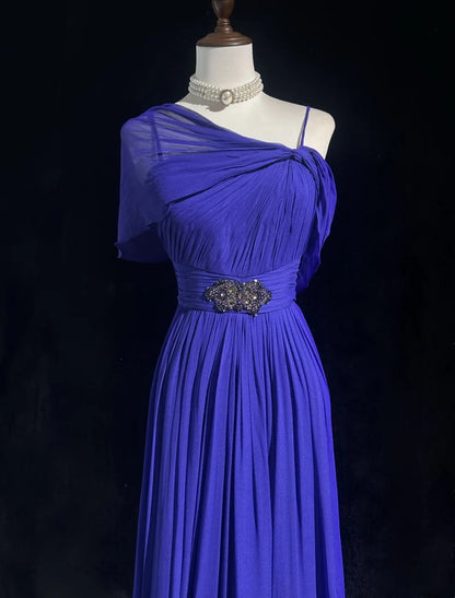 Robes de bal vintage, ligne A, fines bretelles, bleu roi, années 90, avec volants, perles, longue robe de soirée formelle N2506