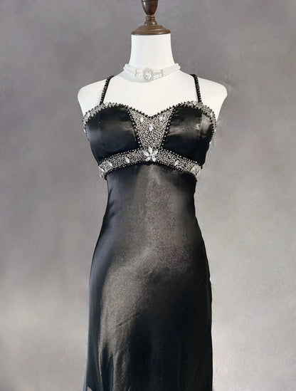 Robes de bal vintage sirène à fines bretelles en satin noir années 90 avec volants et perles longue robe de soirée formelle N2510