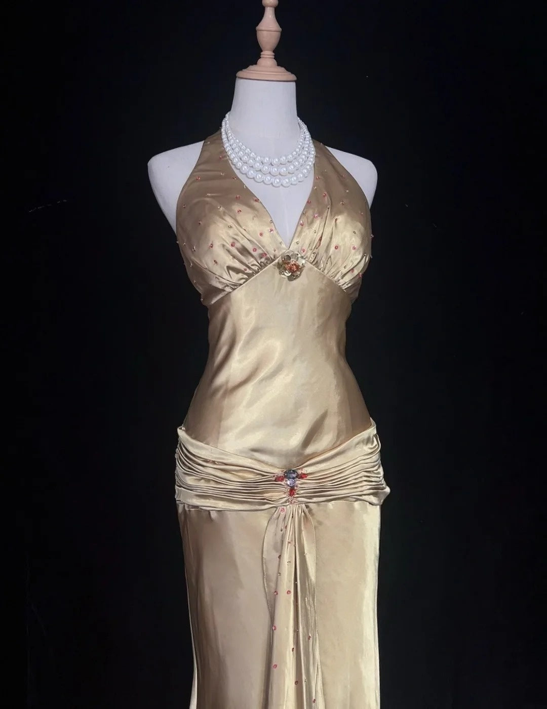 Charming Prom Dresses Mermaid Halter Gold With Beaded Long Formal Evening Outfits N3693