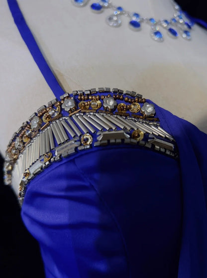 Robes de bal vintage sirène à fines bretelles bleu roi années 70 avec perles robe de soirée longue N2516