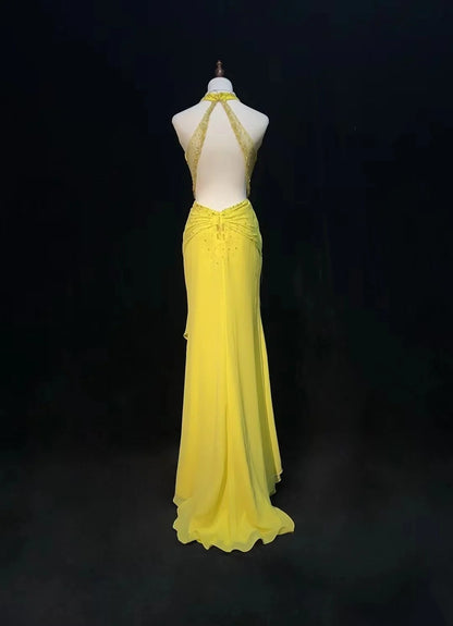 Vintage Prom Dresses A Linie Neckholder V-Ausschnitt Gelb Chiffon Rückenfrei 1990er Lange Formelle Abendkleid N2640