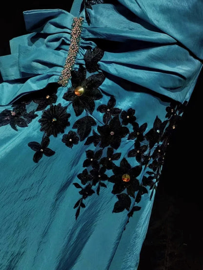 Inspiration Robes de bal vintage Sirène, licol, bleu, noir, dentelle, années 80, avec volants appliqués, robes de soirée N3362