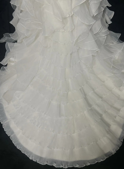 Vintage 90s Wedding Dresses Mermaid V Neck Tiered Layers White Beading Summer Garden Long Bridal Gown N3826
