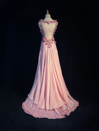 Vintage Abschlussballkleider A-Linie V-Ausschnitt Rosa Chiffon 70er Jahre mit 3D Blumen Perlenbesatz Langes Abendkleid N2528