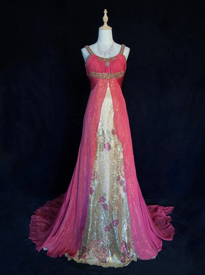 Vintage Prom Dresses A-Linie Neckholder Hot Pink Chiffon Mit Goldener Spitze Lange Formelle Abendgarderobe N3856
