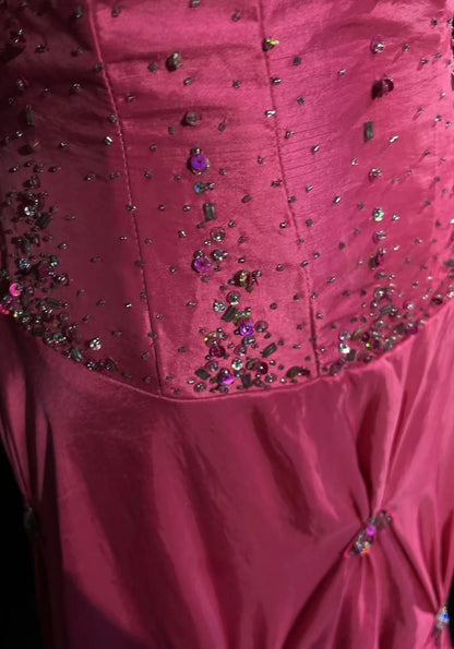 Robes de bal vintage en taffetas rose à bretelles spaghetti, avec perles argentées, années 1950, robe longue de soirée N2595