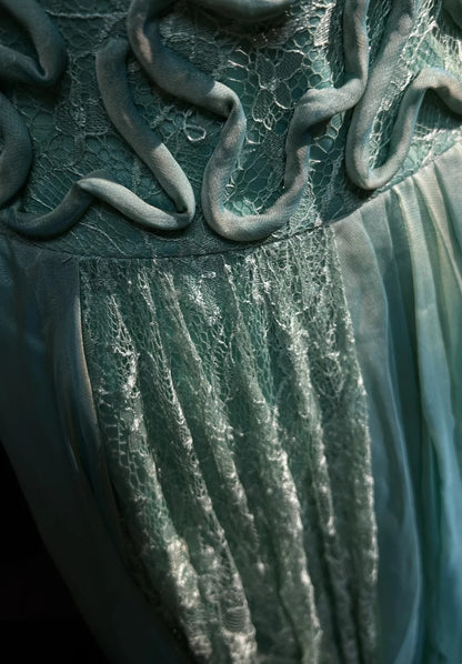 Robe de soirée rétro, robes vintage, bustier coupe A, dentelle verte mousseline perlée, tenues de cérémonie années 90 N2328
