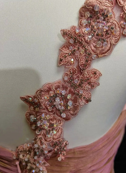 Vintage Ballkleider Scheide One Shoulder Pink mit Applikationen 1960er Jahre Langes Abendkleid N2608