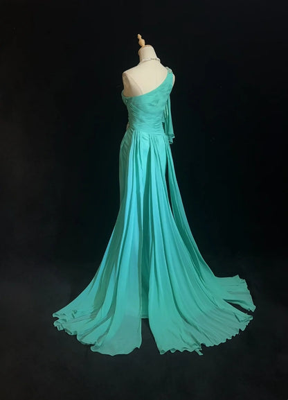 Robes de bal vintage Sirène Asymétrique Bleu Mousseline Années 80 Robe longue de soirée N2758
