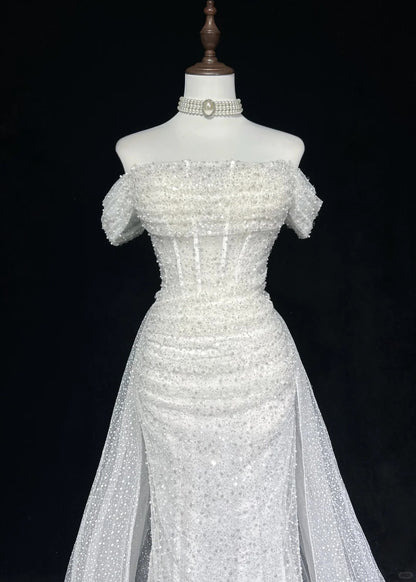 Robes de mariée uniques sirène, épaules dénudées, paillettes avec volants, longue robe de mariée blanche N3619