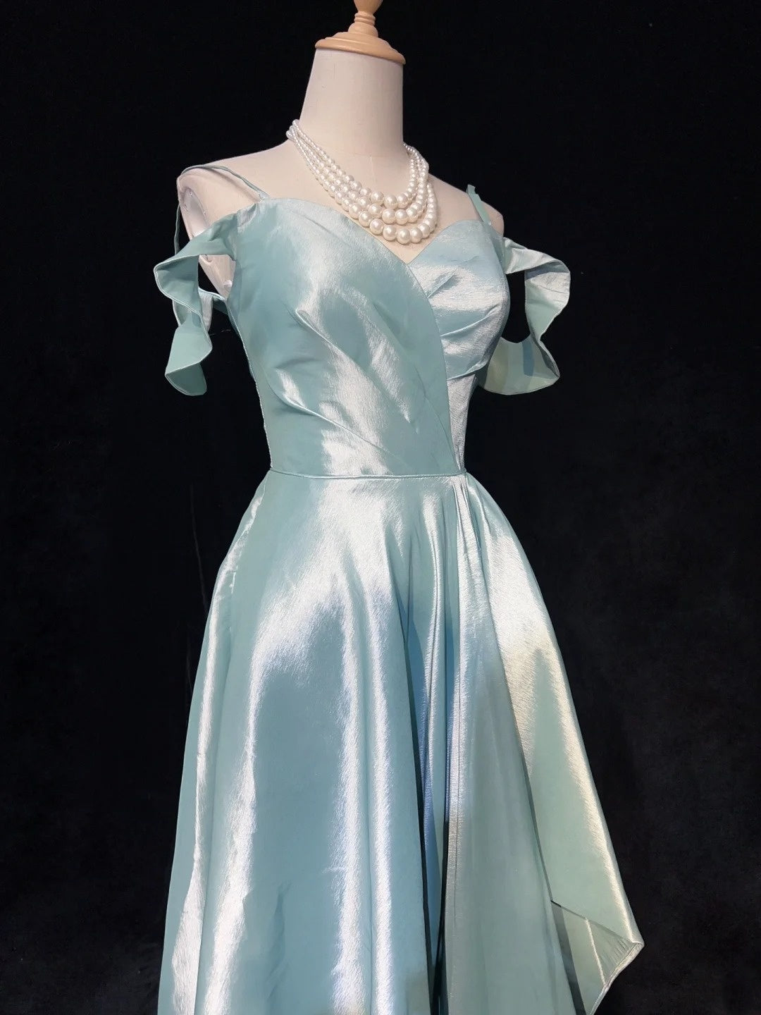 Robes de bal élégantes et chics ligne A en satin bleu ciel avec bretelles et manches, robes de soirée semi-formelles N3800