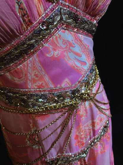 Inspiration robes de bal vintage trapèze asymétrique en mousseline rose avec perles, longue robe de soirée années 80 N2734