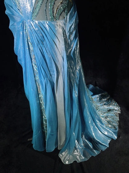 Inspiration robes de bal vintage sirène bretelles sequins bleus longues années 90 avec fleurs robes de soirée N3355