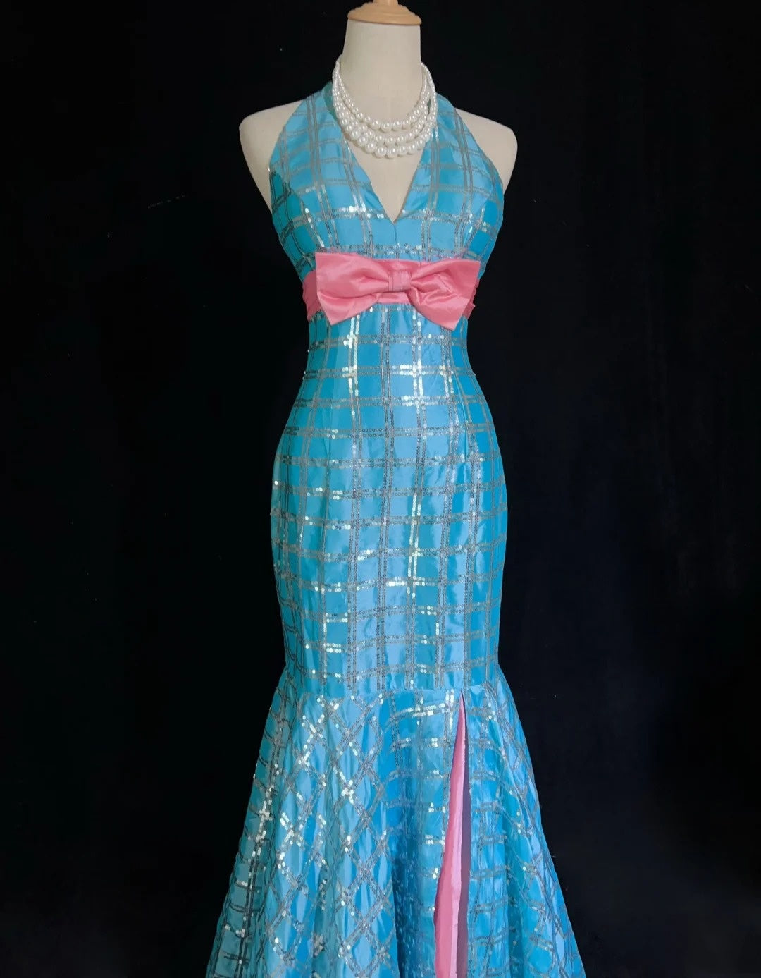 Vintage Abschlussballkleider Meerjungfrau V-Ausschnitt Blau Pailletten Ärmellos 1980er Jahre Langes Abendkleid N2866