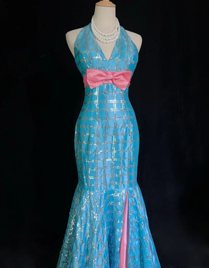 Vintage Abschlussballkleider Meerjungfrau V-Ausschnitt Blau Pailletten Ärmellos 1980er Jahre Langes Abendkleid N2866