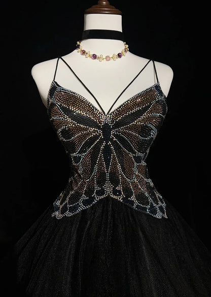 Jolie Robe de Bal Courte en Tulle Noir avec Bretelles Fines, Robes de Soirée de Retour à la Maison N2628