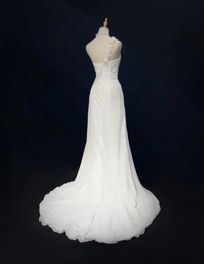 Robes de mariée uniques sirène asymétrique en mousseline blanche avec perles, robe de mariée longue pour jardin d'été N3679