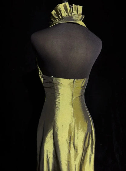 Vintage Prom Dresses 2000s Mermaid Halter V Neck Green Satin With Ruffled Beading Long Prom Gown N3094