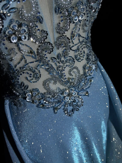 Elegante Abschlussballkleider Inspiration Meerjungfrauen-V-Ausschnitt-Träger Blau Pailletten mit Rüschen für Damen Formelles Kleid N3227