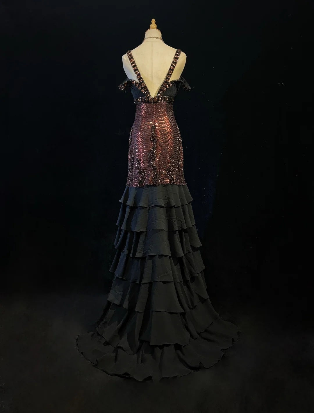 Sparkly Prom Dresses Mermaid Spaghetti Strap Black Chiffon With Sleeves Evening Outfits Long Formal Dress RB3259