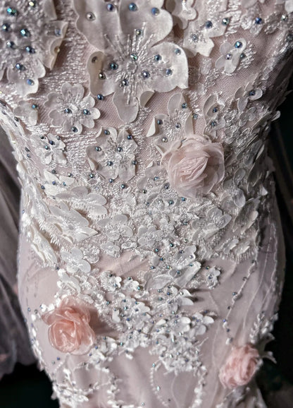 Vintage Abschlussballkleider Inspo Meerjungfrau Rundhals Rosa Spitze 1990er Mit Blumen Cape Abendkleider N3317