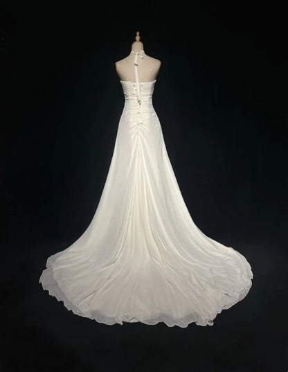 Elegant A line Strapless Chiffon White With Beads Wedding Bridal Gown Long Wedding Dresses RB5123