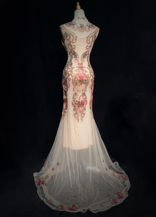 Magnifiques Robes de Bal Sirène en Tulle Blanc avec Perles Appliquées Tenues de Soirée Longues N3401