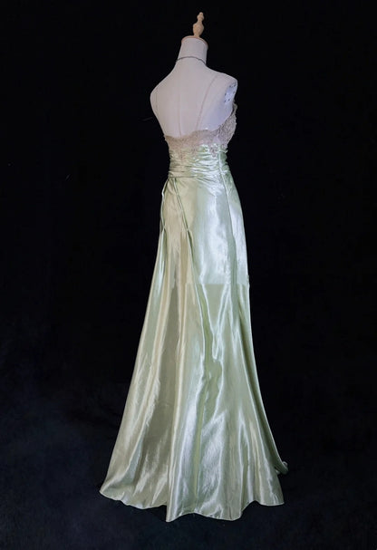 Elegante Ballkleider-Inspo Meerjungfrauen-Spaghettiträger Salbeigrüner Satin mit Spitzenperlen für Damen, formelles Kleid N3230