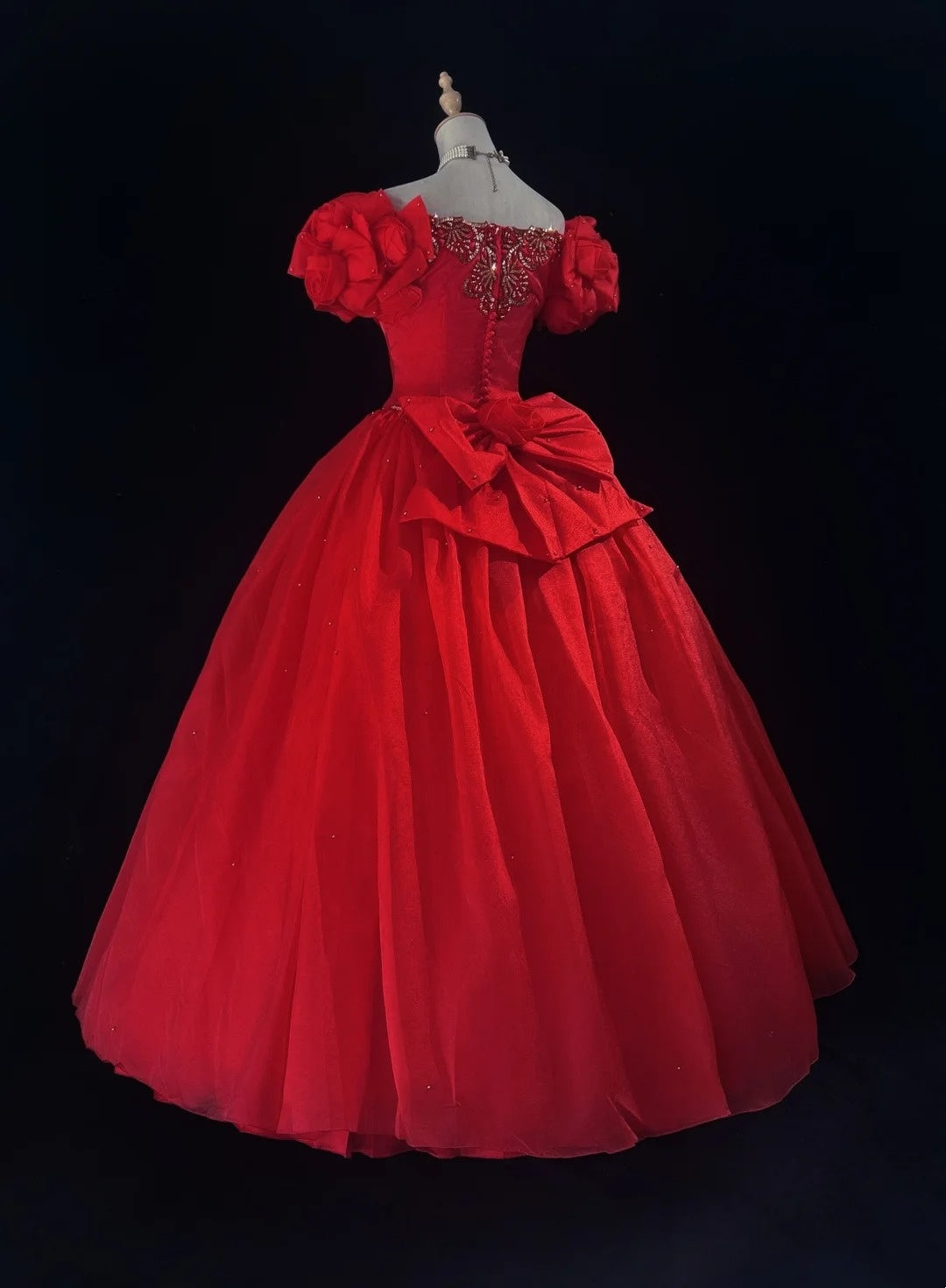 Vintage Prom Dresses Ball Gown Square Neck Red Organza Long 70s Beads Formal Gown N2606