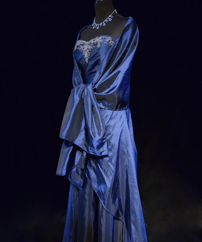 Robes de Bal Vintage, Coupe A-ligne, Col Cœur, Taffetas Bleu Marine, Cape Perlé Années 90, Longue Robe de Soirée N2904