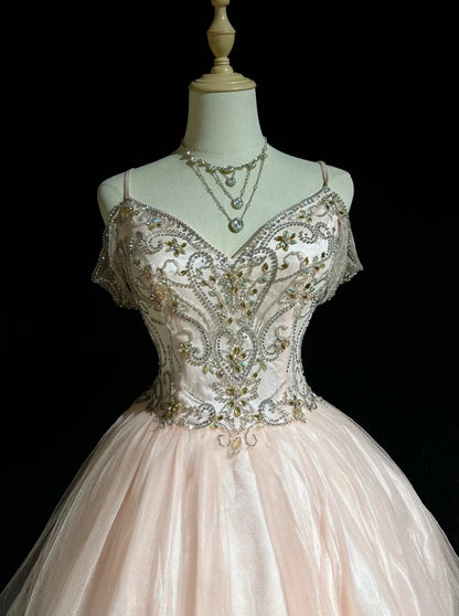 Robe de Bal Princesse à Bretelles Fines en Tulle Rose Poudré, Robes Courtes de Rentrée Hoco N3058