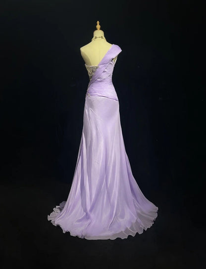 Elegantes A-Linien-Kleid aus lila Chiffon mit einem Ärmel und silberfarbenem Perlen-Oberteil, langes Ballkleid N2725