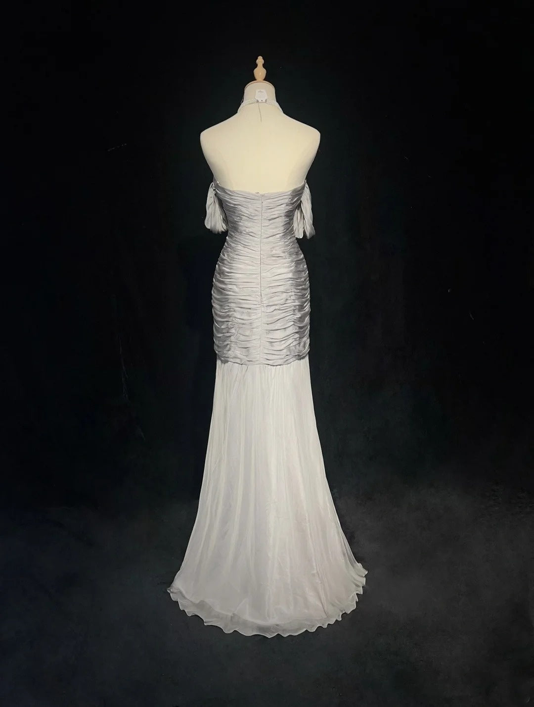 Robes de bal sirène modestes, en mousseline de soie grise avec manches, épaules dénudées, robe de soirée formelle N3847