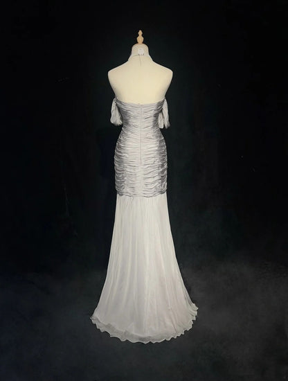 Robes de bal sirène modestes, en mousseline de soie grise avec manches, épaules dénudées, robe de soirée formelle N3847