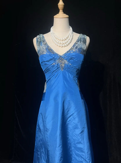 Robes de bal vintage en satin bleu en dentelle, coupe trapèze, col en V, années 1990, longue robe de soirée N2644