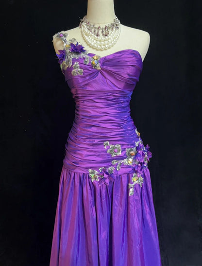 Robes de bal vintage sirène asymétrique taffetas violet avec applications années 90 longue robe de soirée N2895