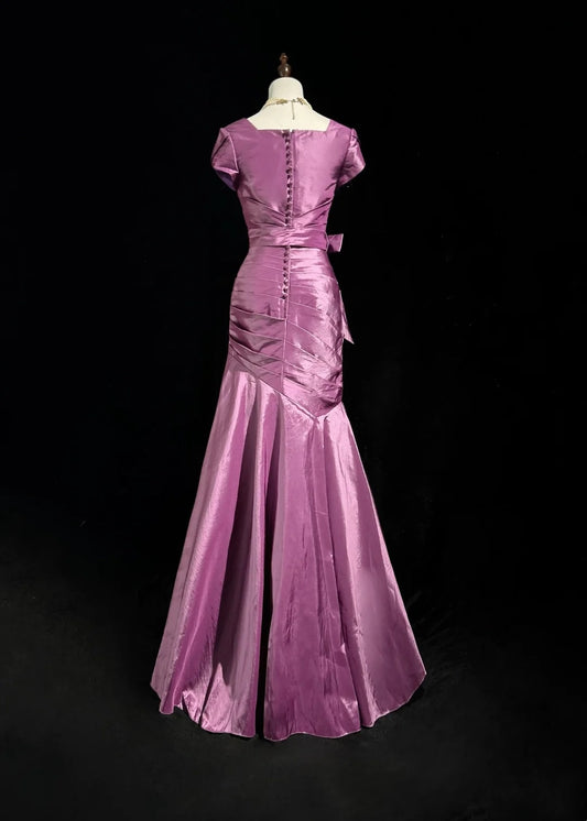 Vintage Prom Dresses Mermaid V Neck Lilac Satin With Ruffles Short Sleeves Long Formal Dress N2500